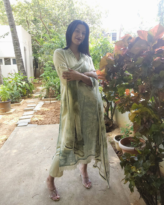 Cream Green Stylish V Neck Kurta with Pant and Dupatta