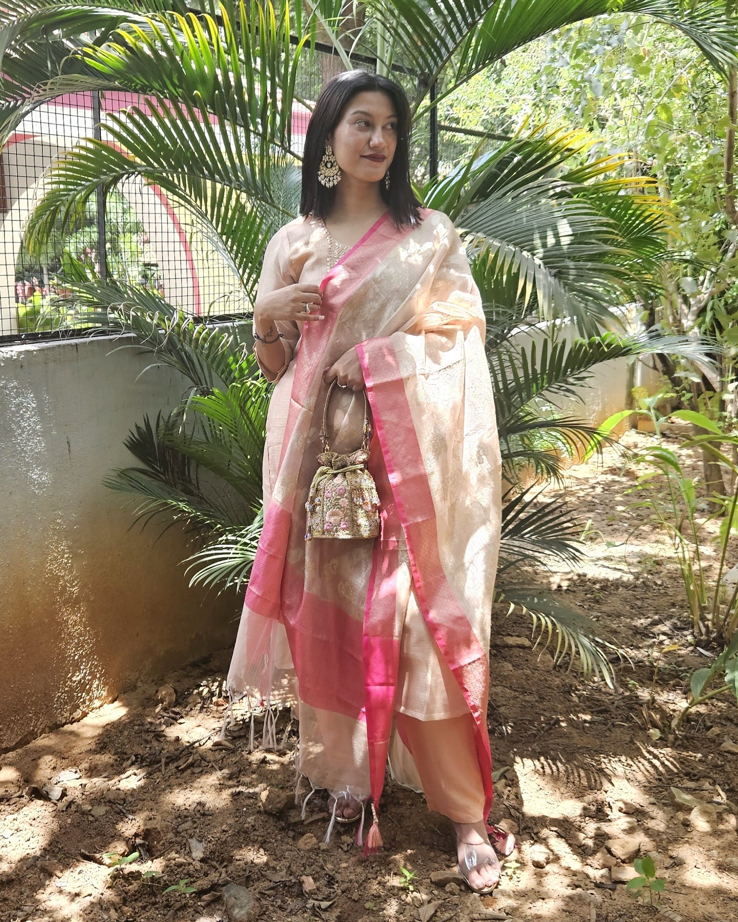 Peach Tissue Silk Embroidered Kurta with Pant and Dupatta