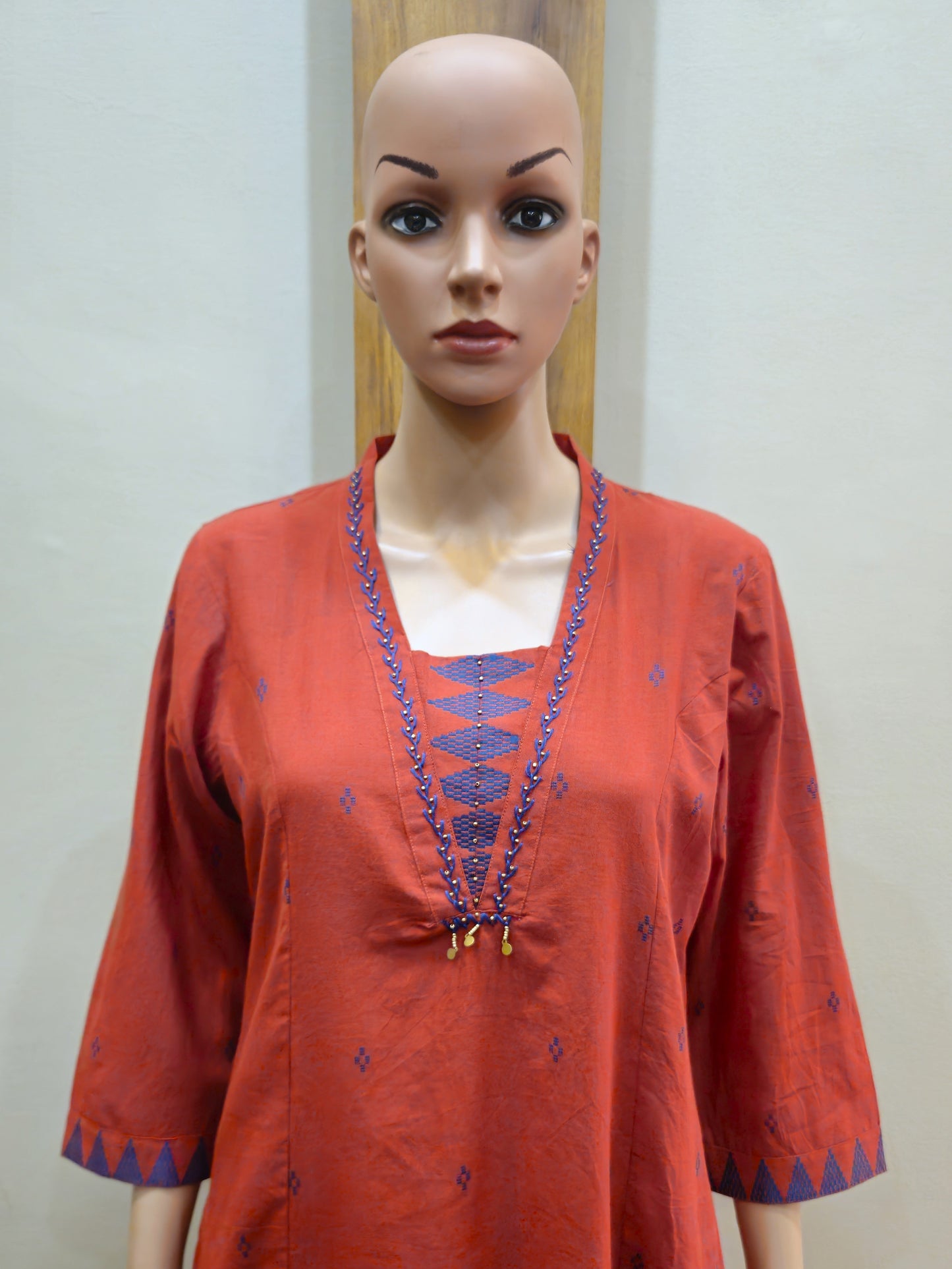 Rust Cotton Stylish Neck Pant Set