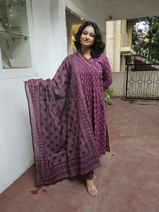 Maroon Angrakha Cotton Dupatta Set HSR