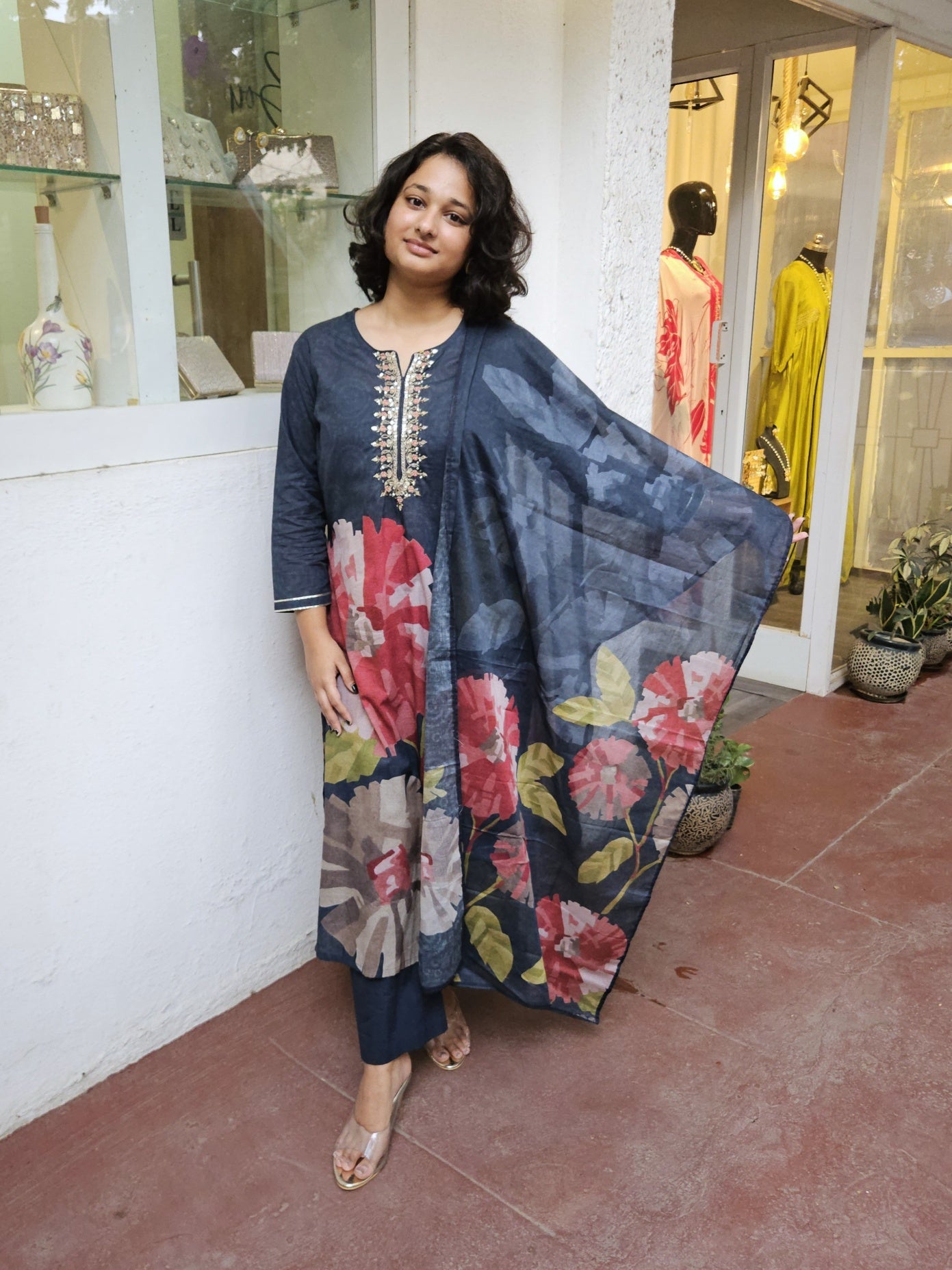Dark Grey Embroidered Floral Cotton Dupatta Set