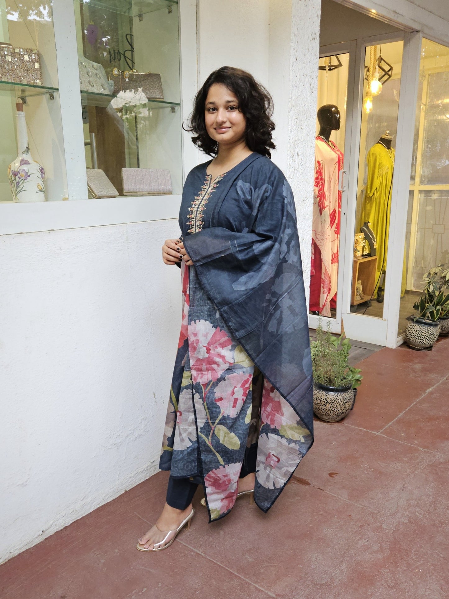 Dark Grey Embroidered Floral Cotton Dupatta Set
