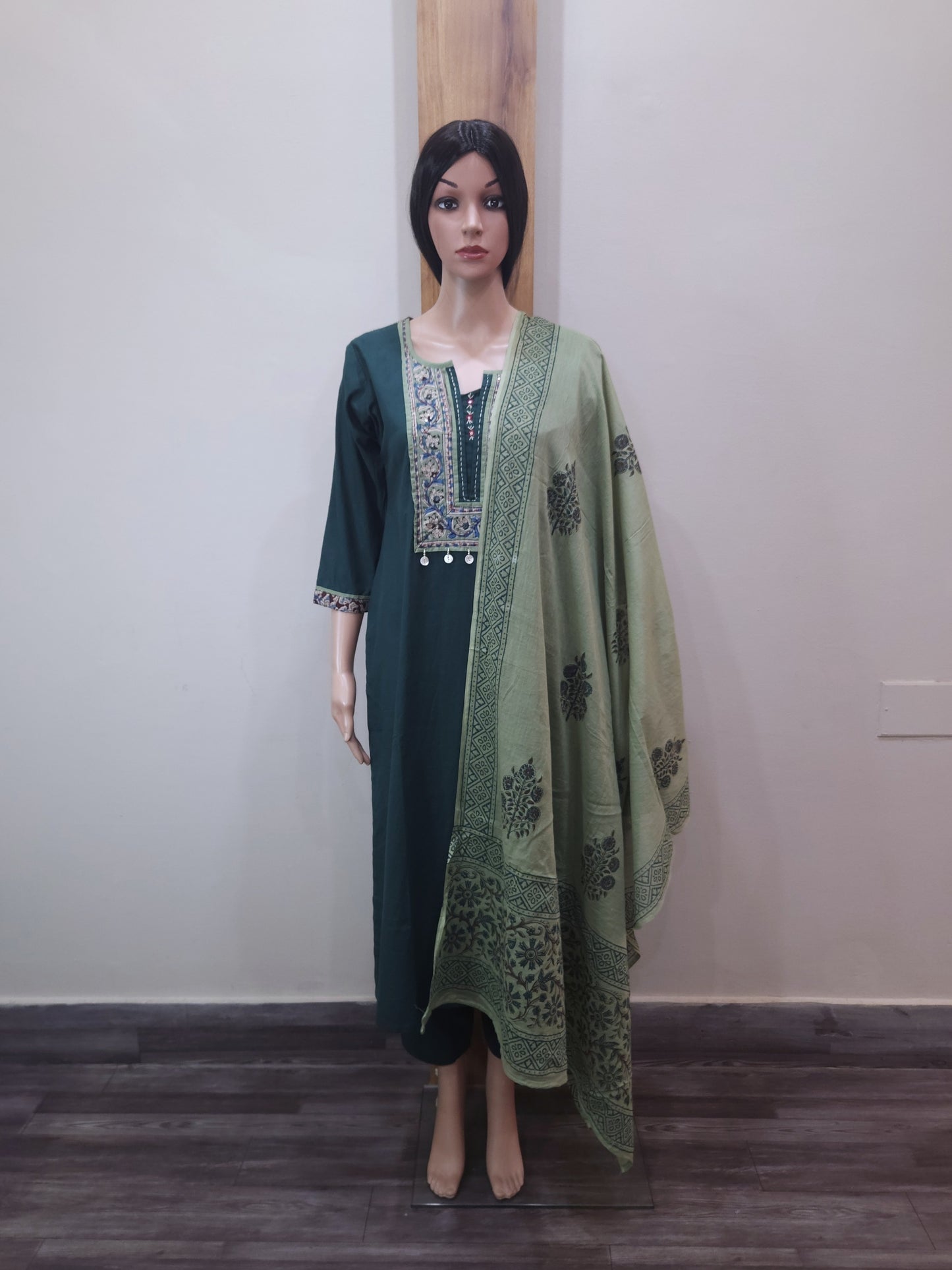Green Cotton Kalamkari Dupatta Set