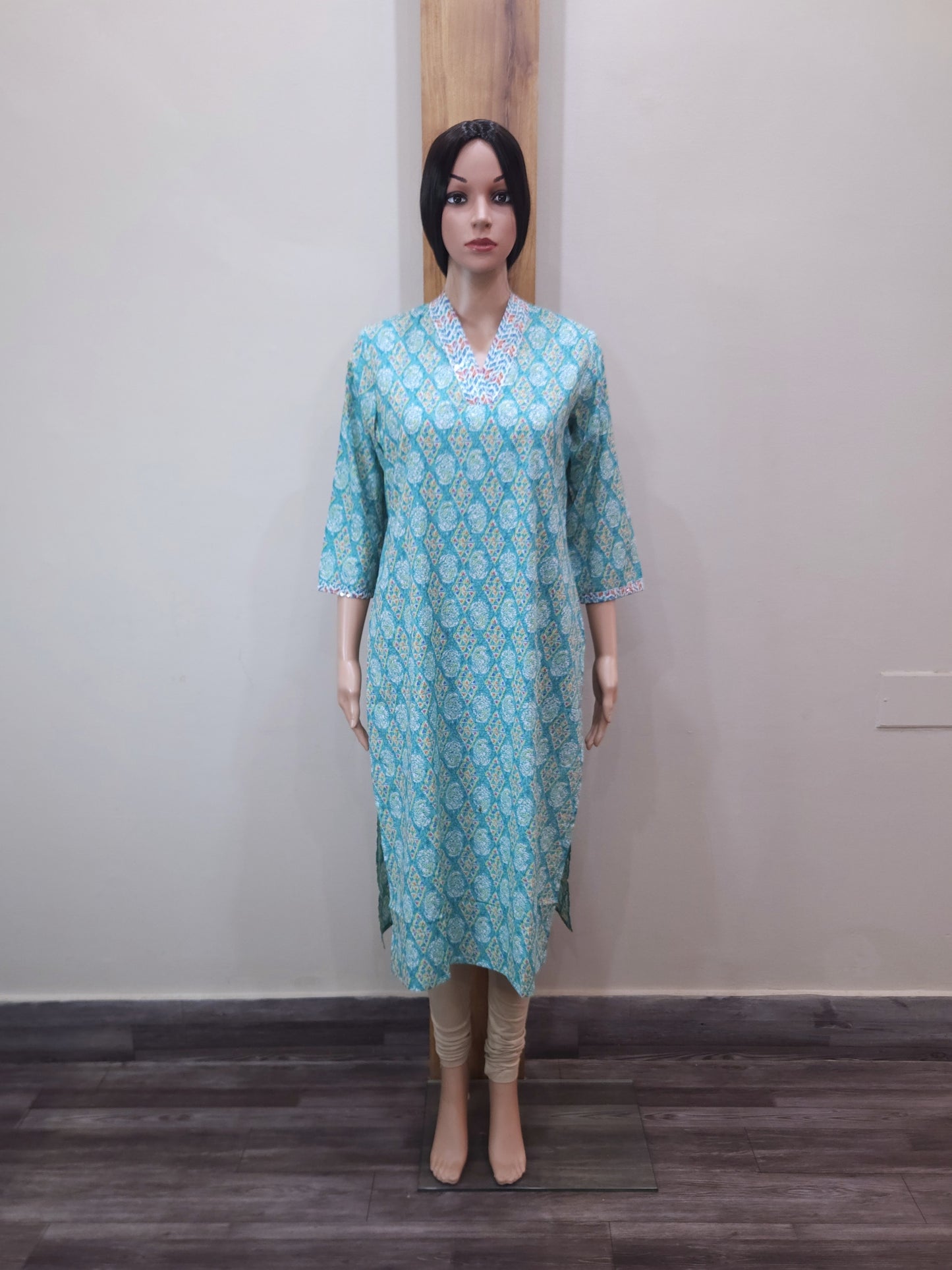 Green V Neck Cotton Kurti