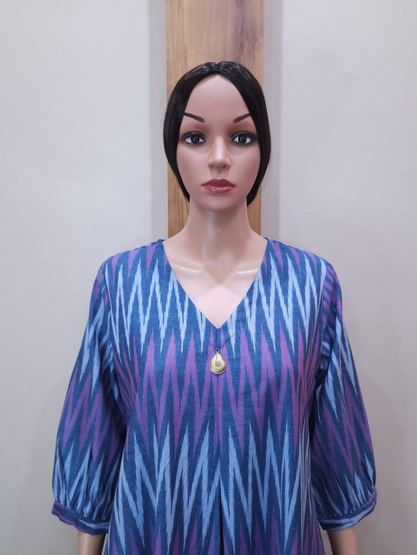 Blue Pink Zigzag Cotton V Neck Kurti