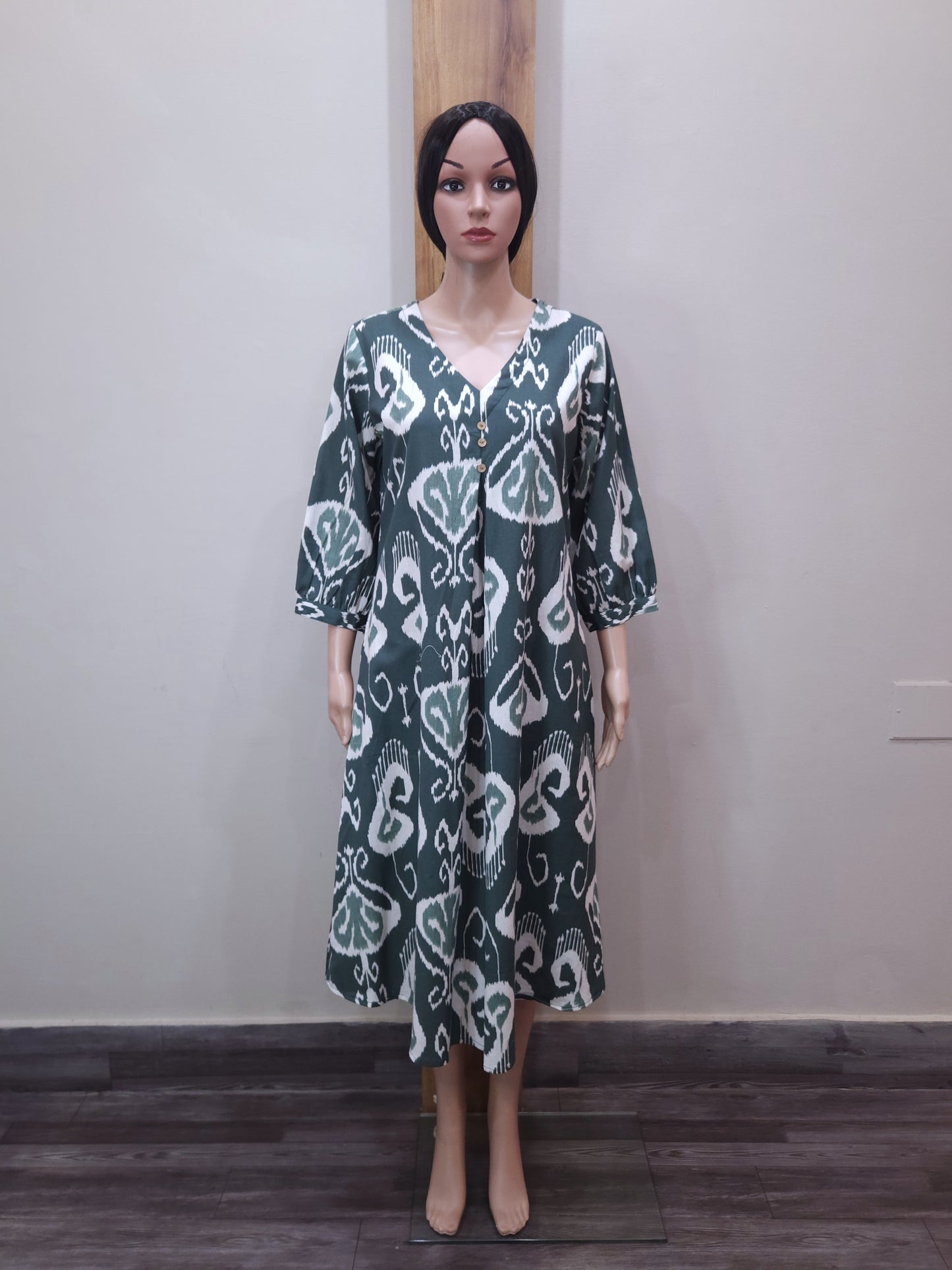 Green Cotton V Neck Kurti
