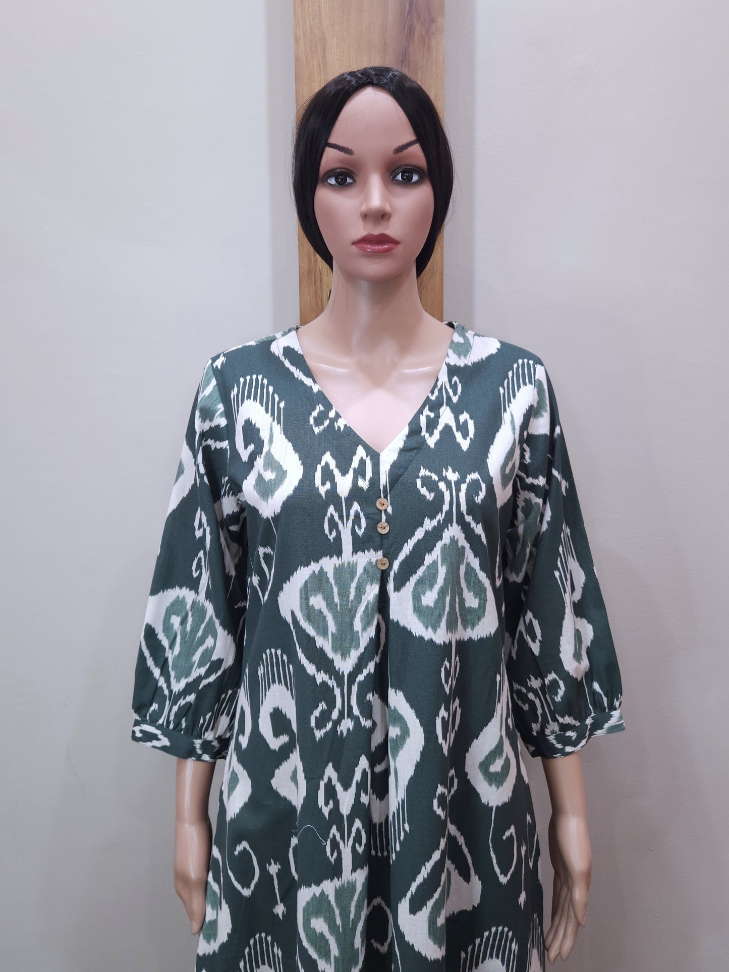 Green Cotton V Neck Kurti