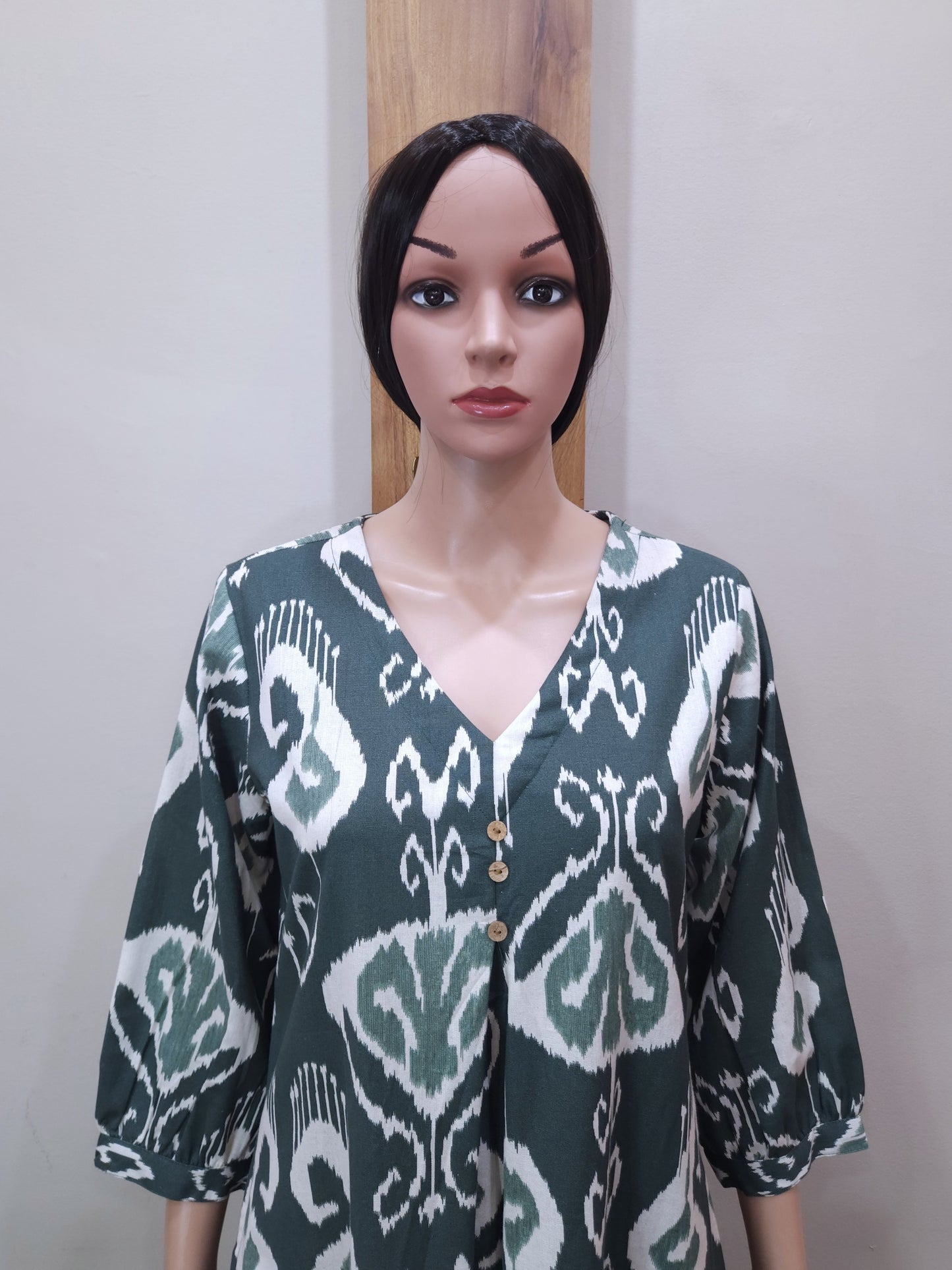 Green Cotton V Neck Kurti