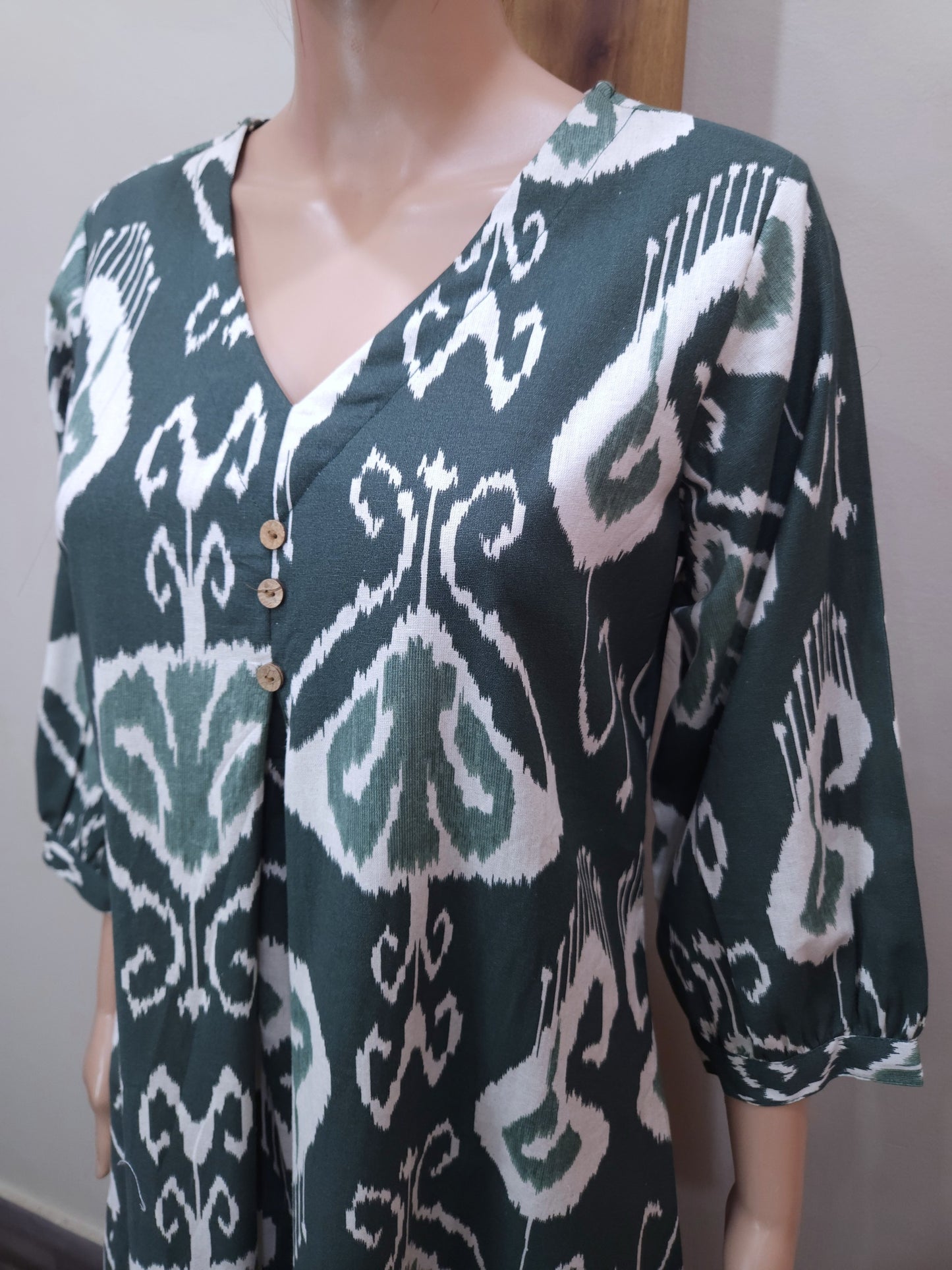 Green Cotton V Neck Kurti