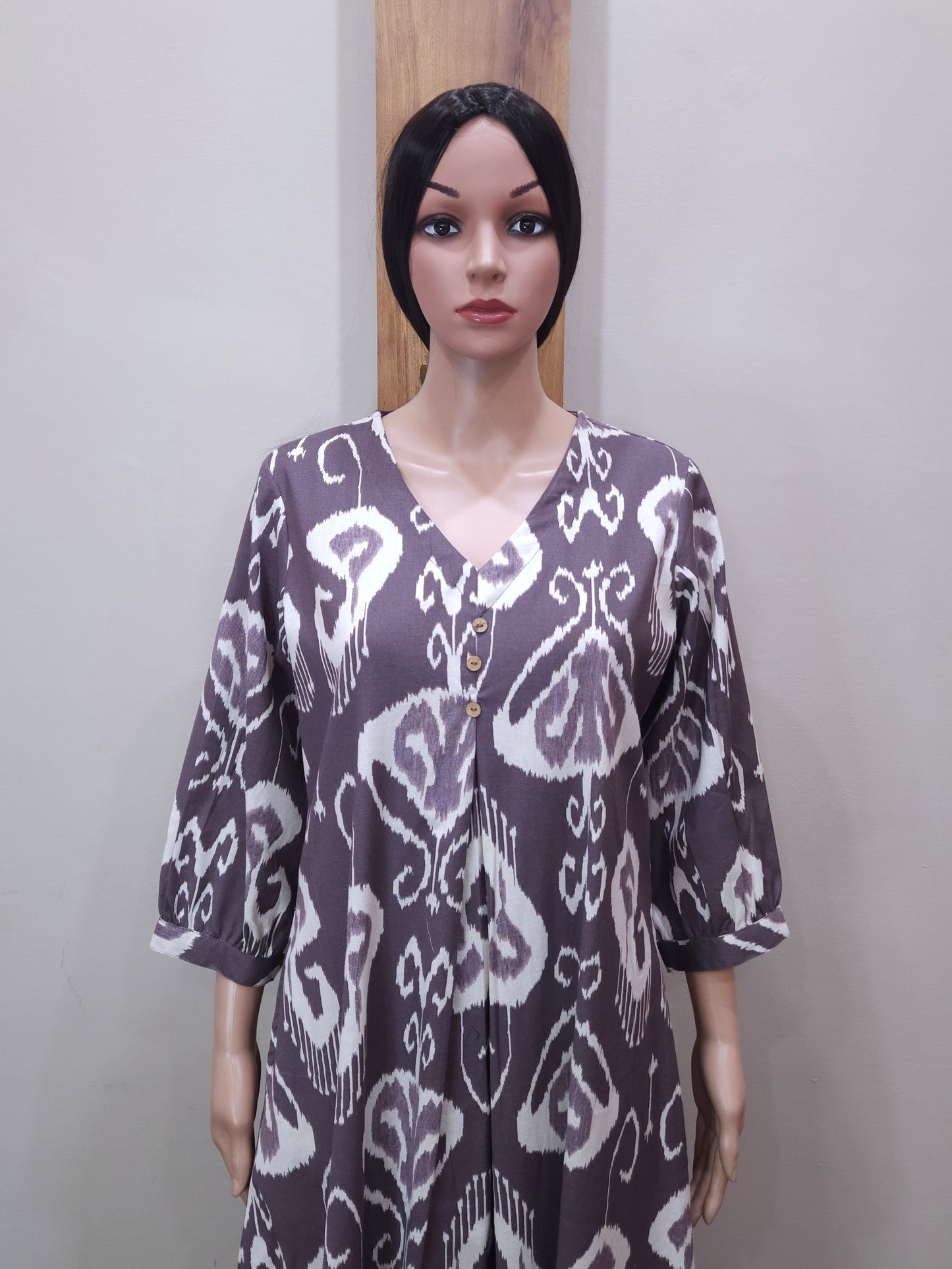 Brown Cotton V Neck Kurti