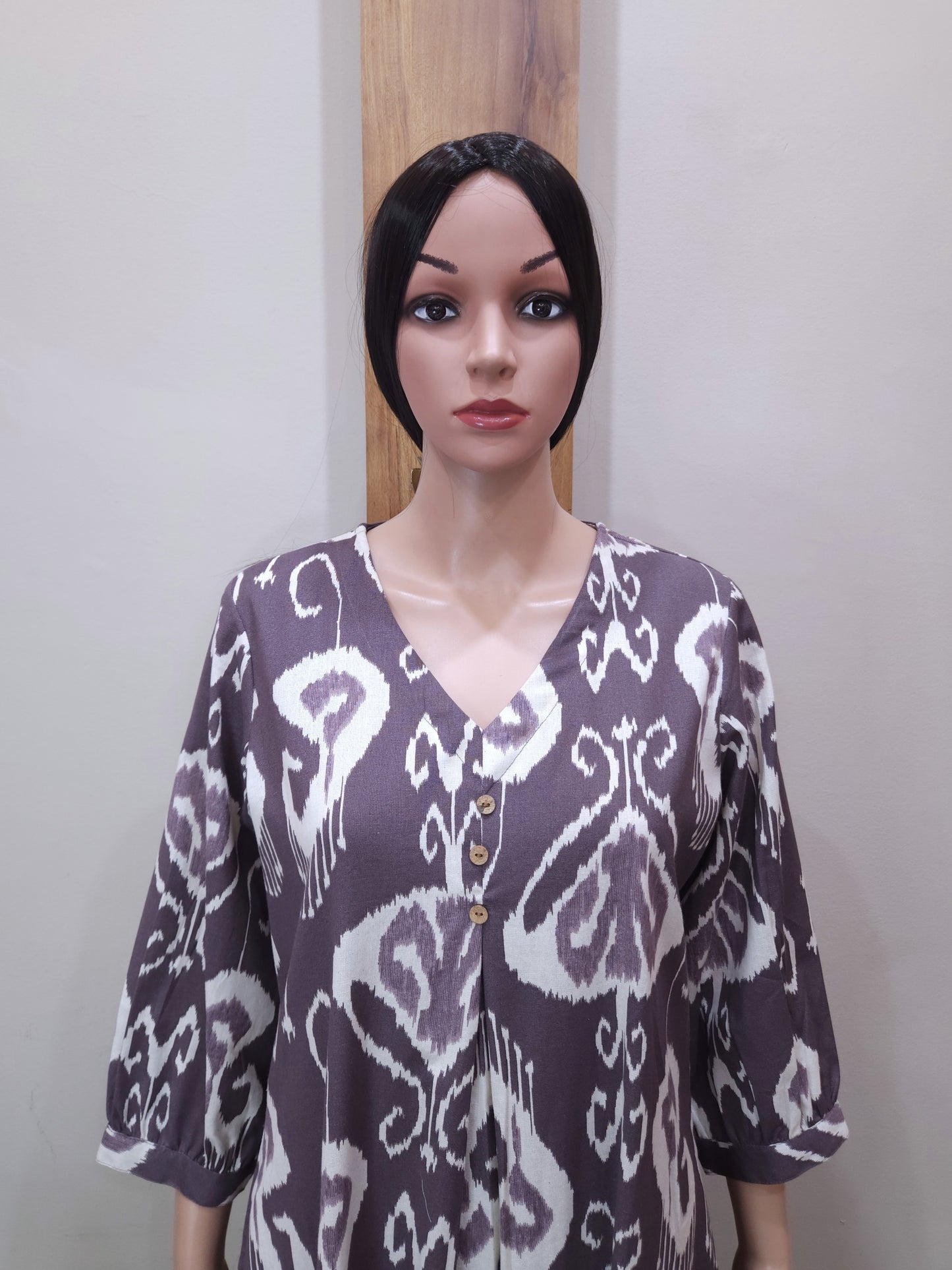 Brown Cotton V Neck Kurti