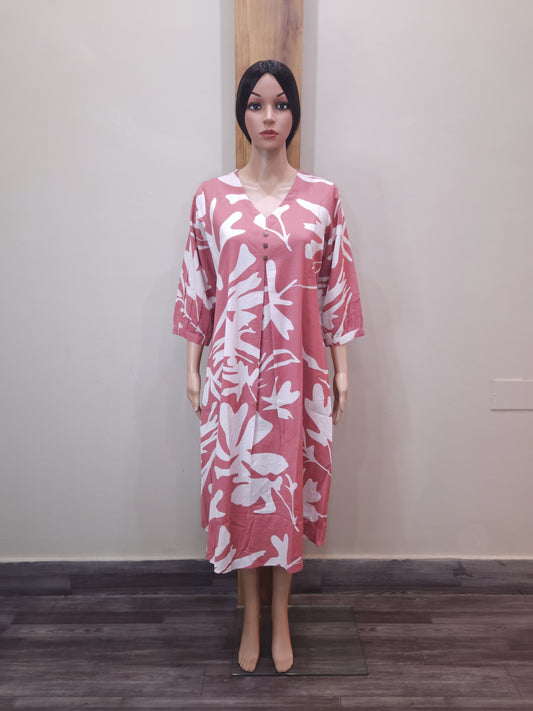 Pink Cotton V Neck Kurti