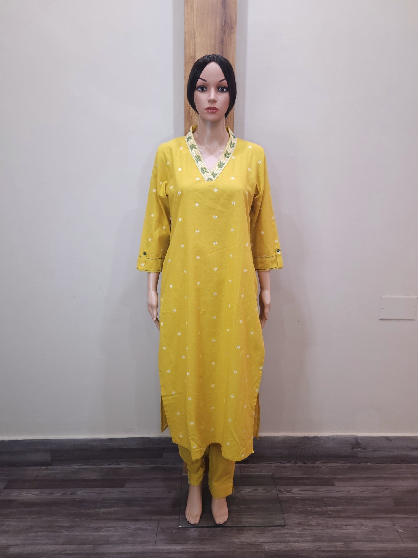 Yellow Cotton V Neck Embroidered Pant Set