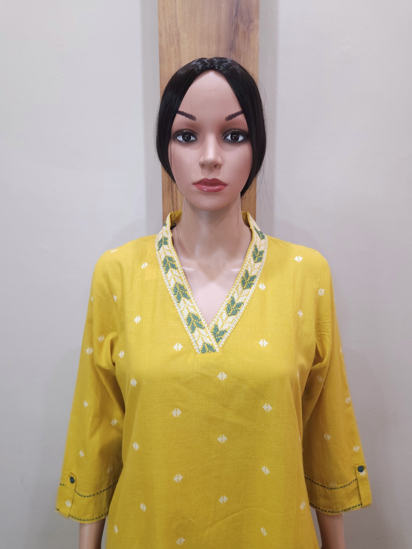 Yellow Cotton V Neck Embroidered Pant Set