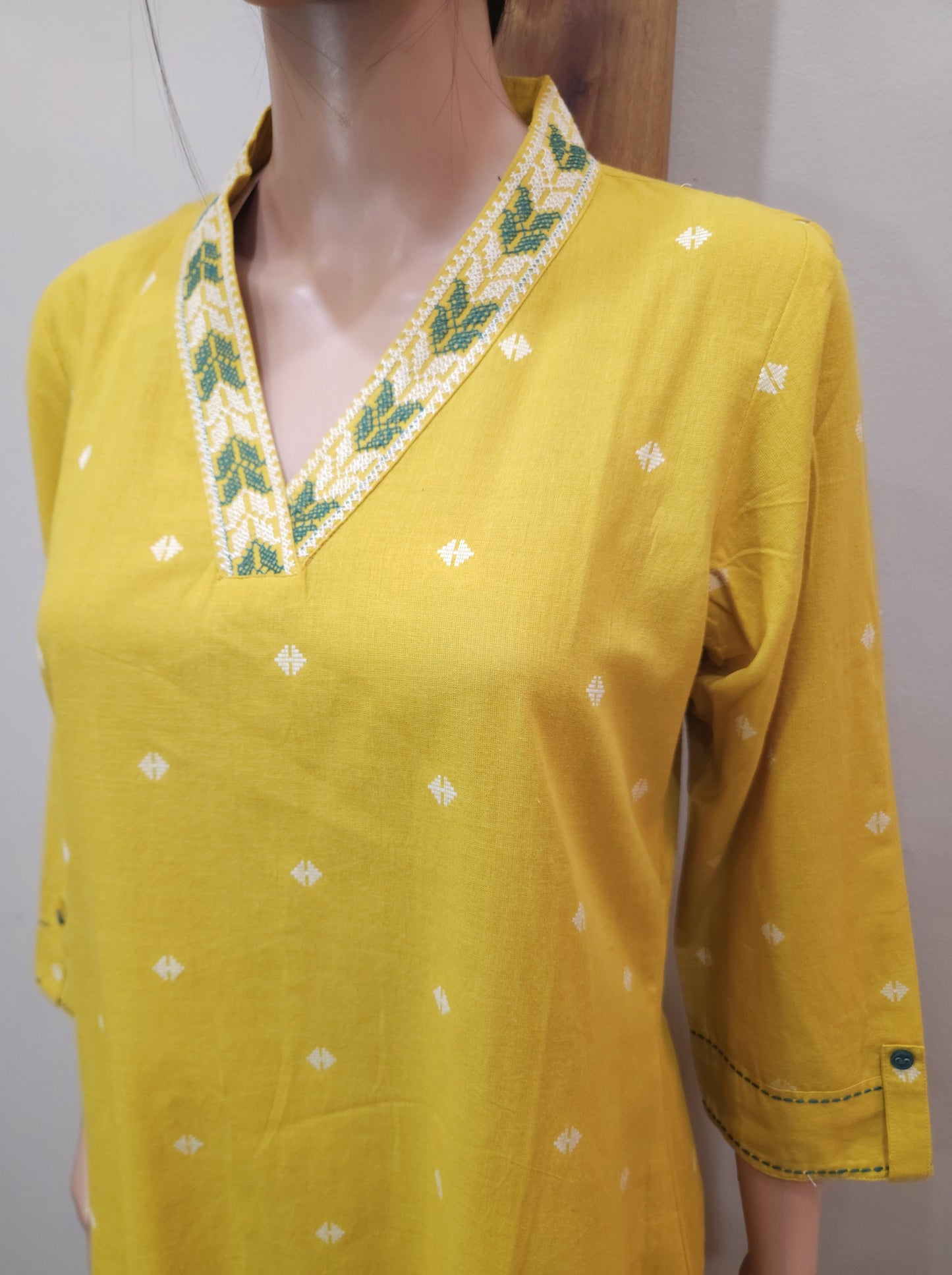 Yellow Cotton V Neck Embroidered Pant Set