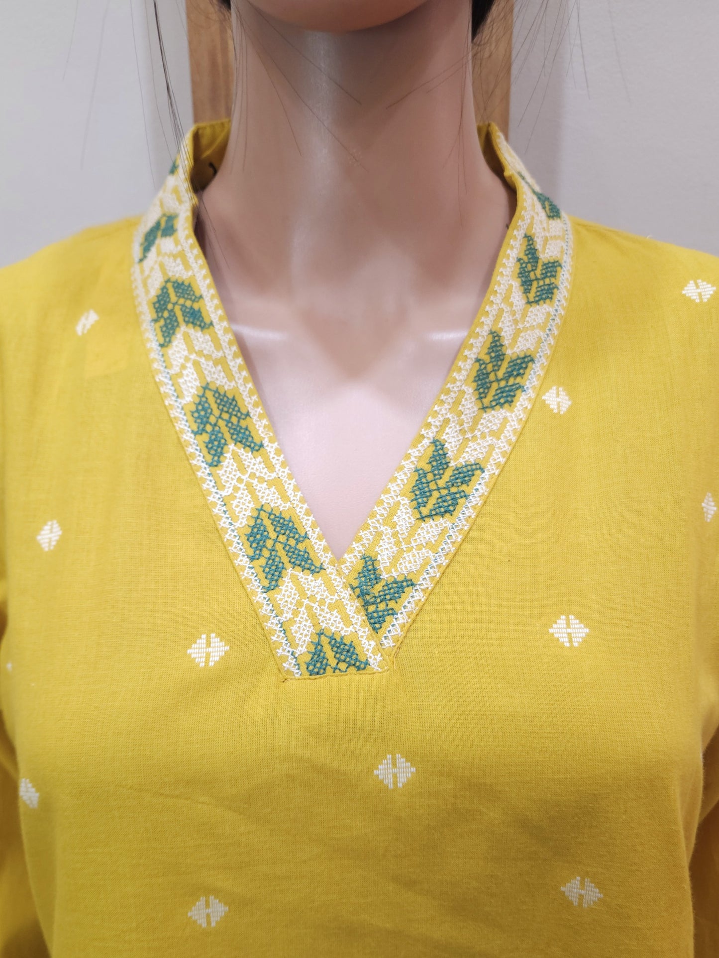 Yellow Cotton V Neck Embroidered Pant Set