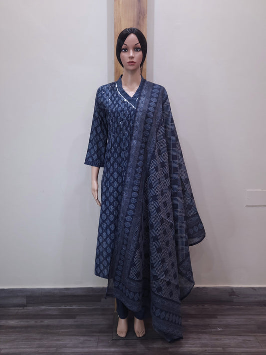 Navy Blue Angrakha Cotton Dupatta Set HSR