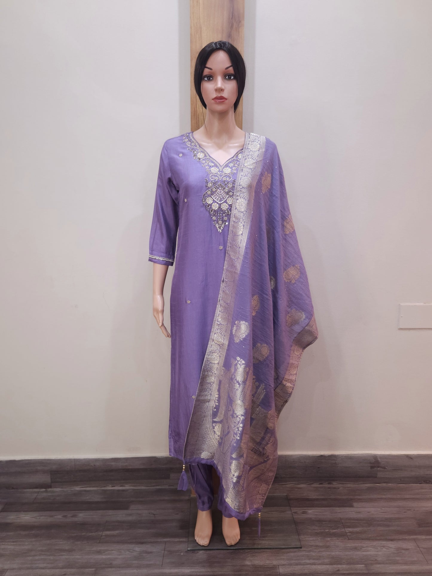 Lavender Dola Silk Heavy Embroidery Kurta with {ant and Sequin Work Dupatta