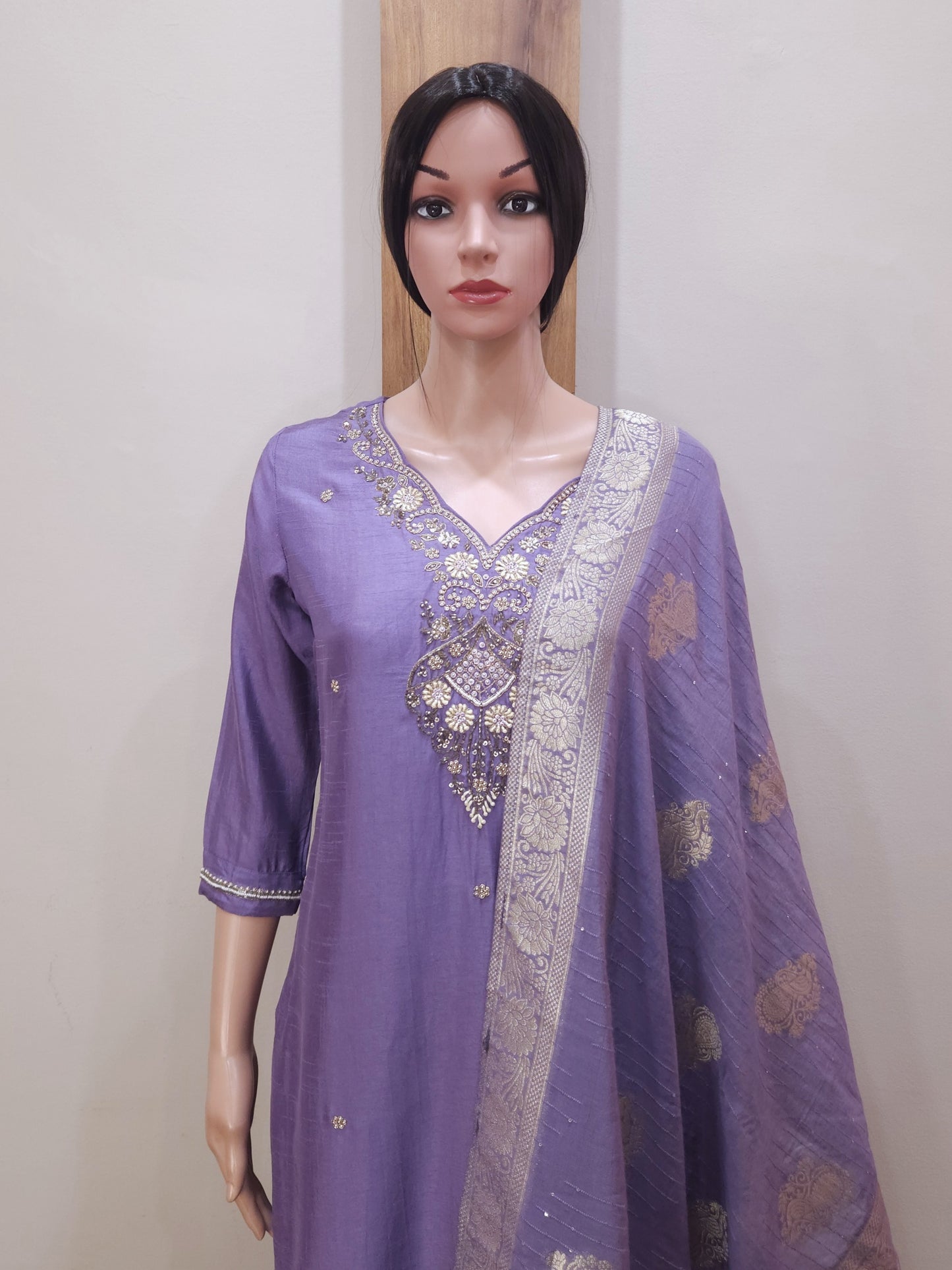 Lavender Dola Silk Heavy Embroidery Kurta with {ant and Sequin Work Dupatta
