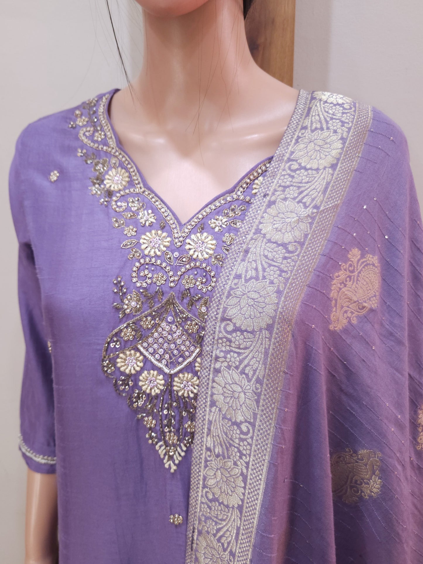 Lavender Dola Silk Heavy Embroidery Kurta with {ant and Sequin Work Dupatta