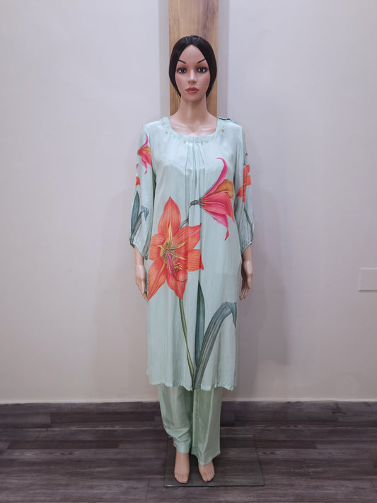 Green Stylish Muslin Pant Set