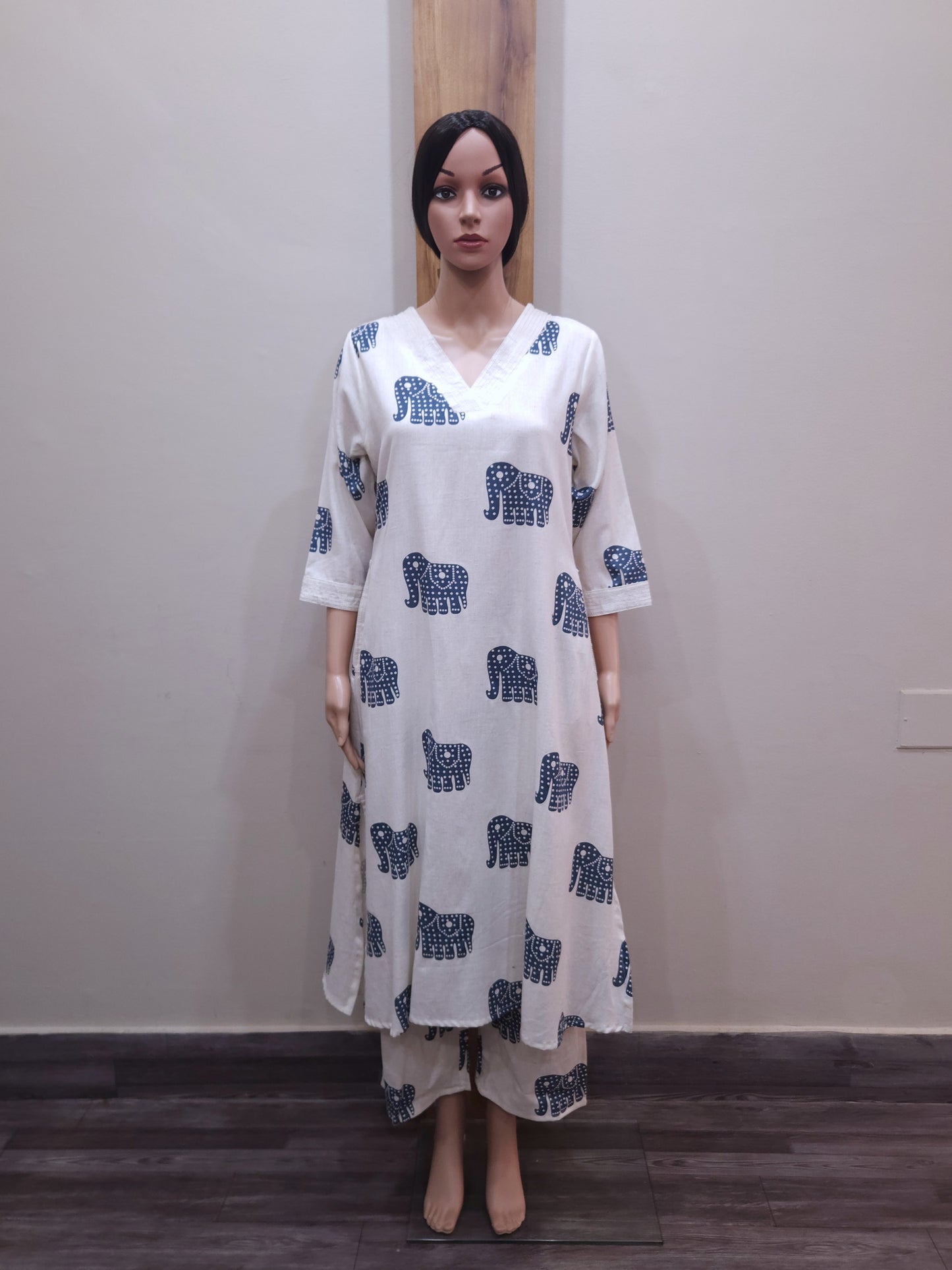 Off-white & Blue Aline Cotton Palazzo Set