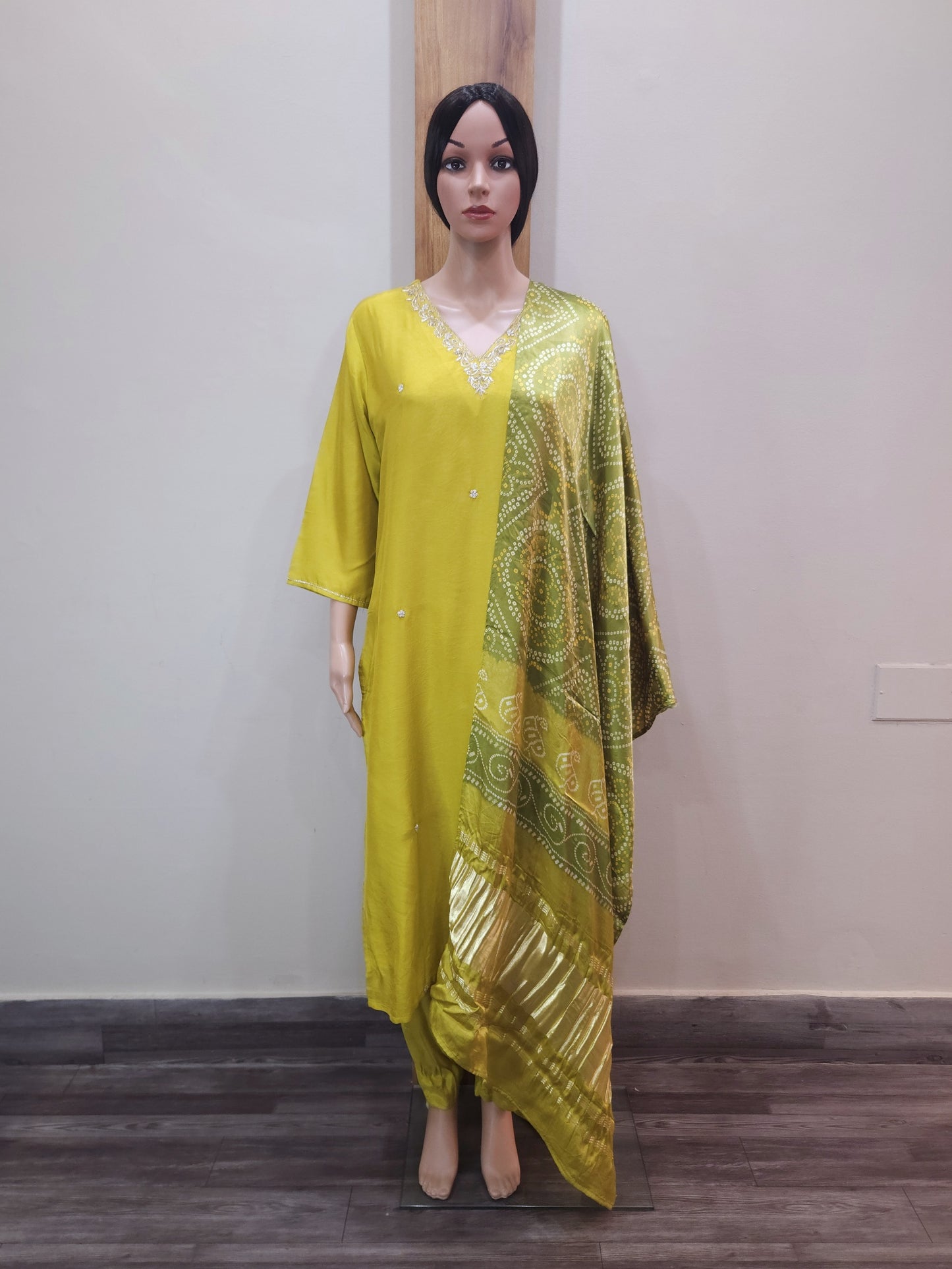 Green Dola Silk V Neck Kurta with Pant and Dupatta