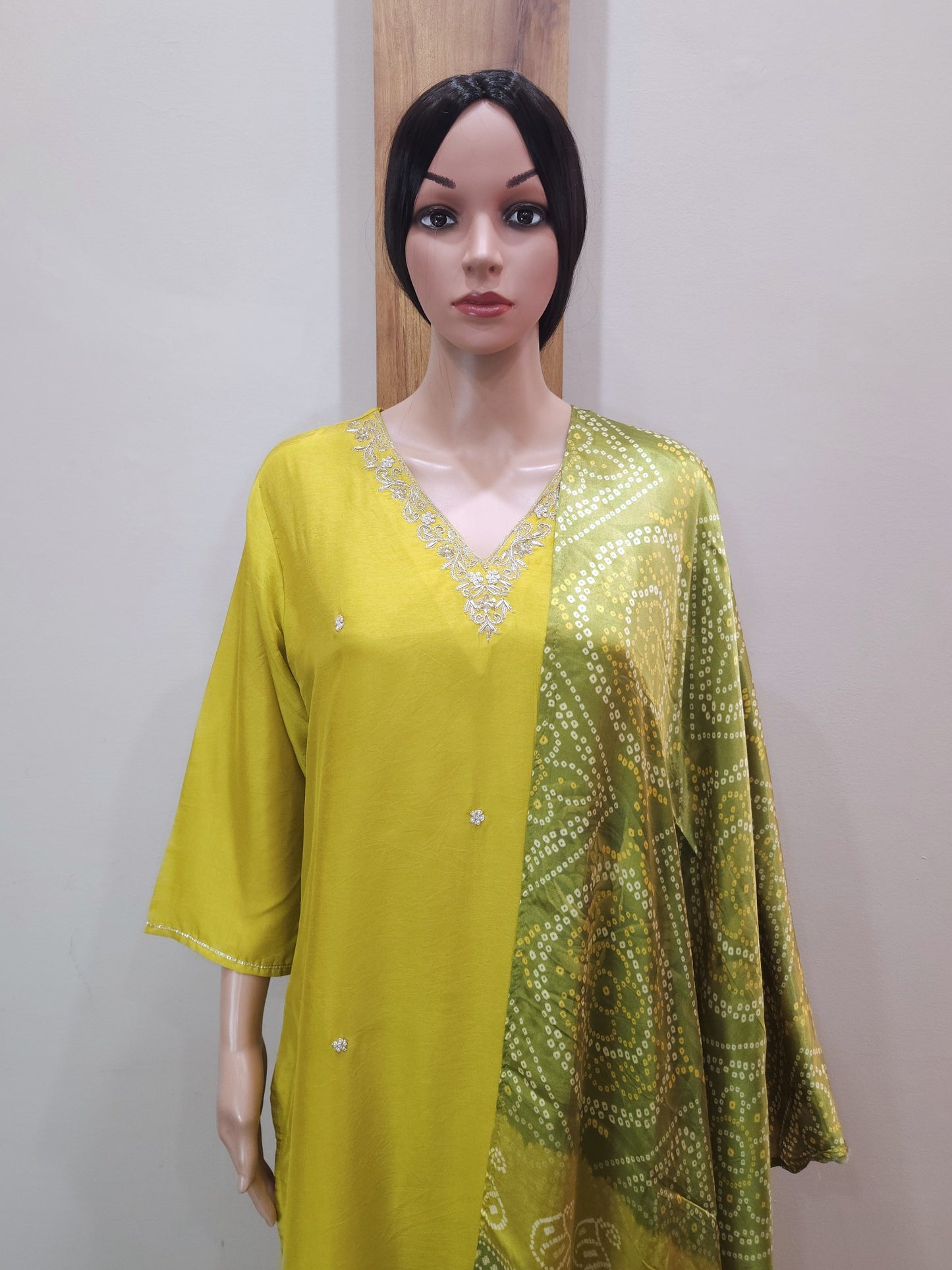 Green Dola Silk V Neck Kurta with Pant and Dupatta