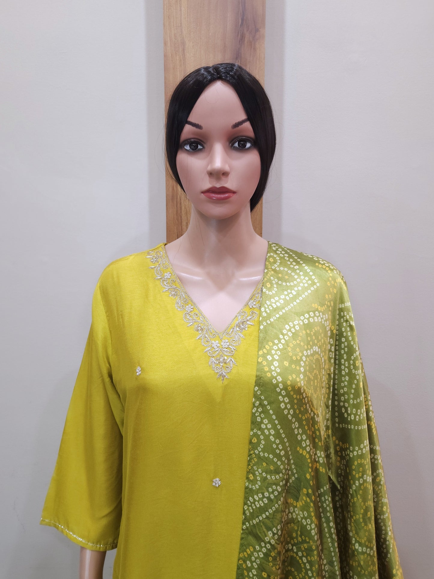 Green Dola Silk V Neck Kurta with Pant and Dupatta