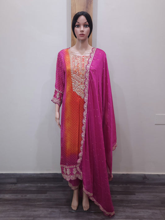 Pink Orange Stylish Embroidered Silk Dupatta Set