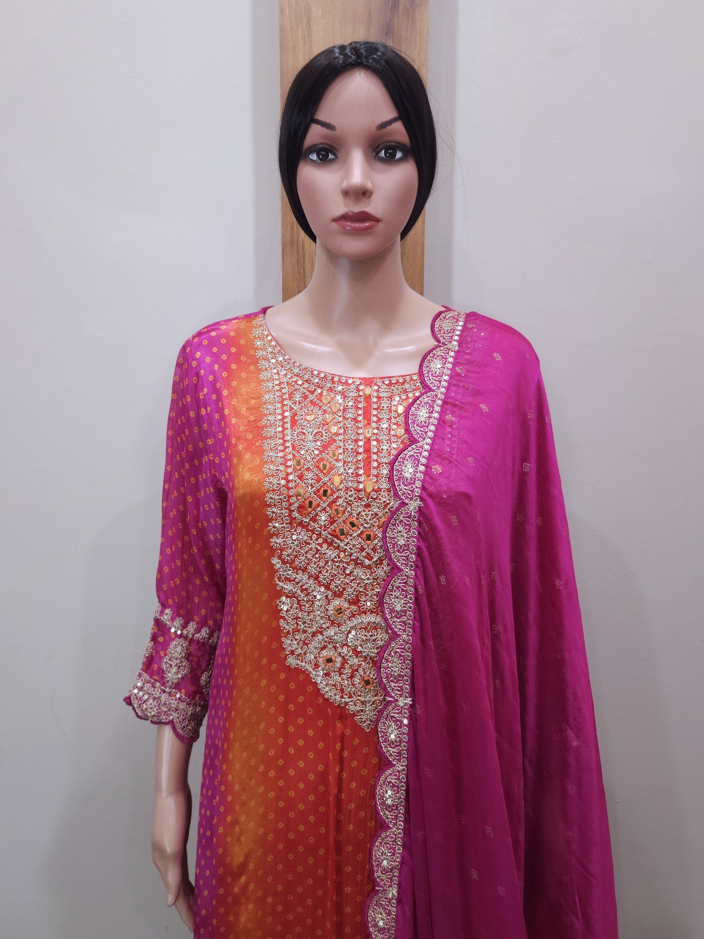 Pink Orange Stylish Embroidered Silk Dupatta Set