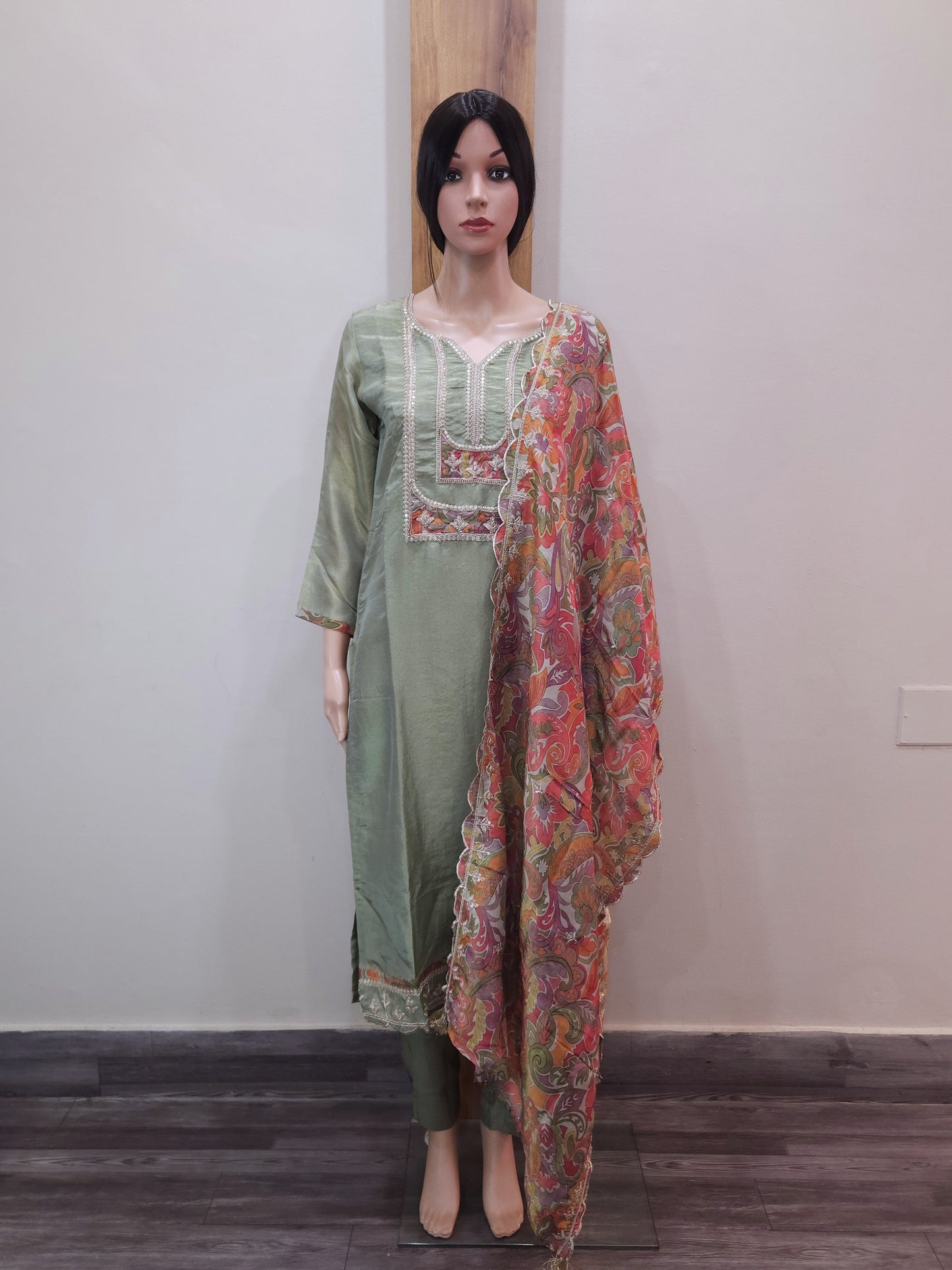Green Shimmer Silk Kurta with Pant and Dupatta
