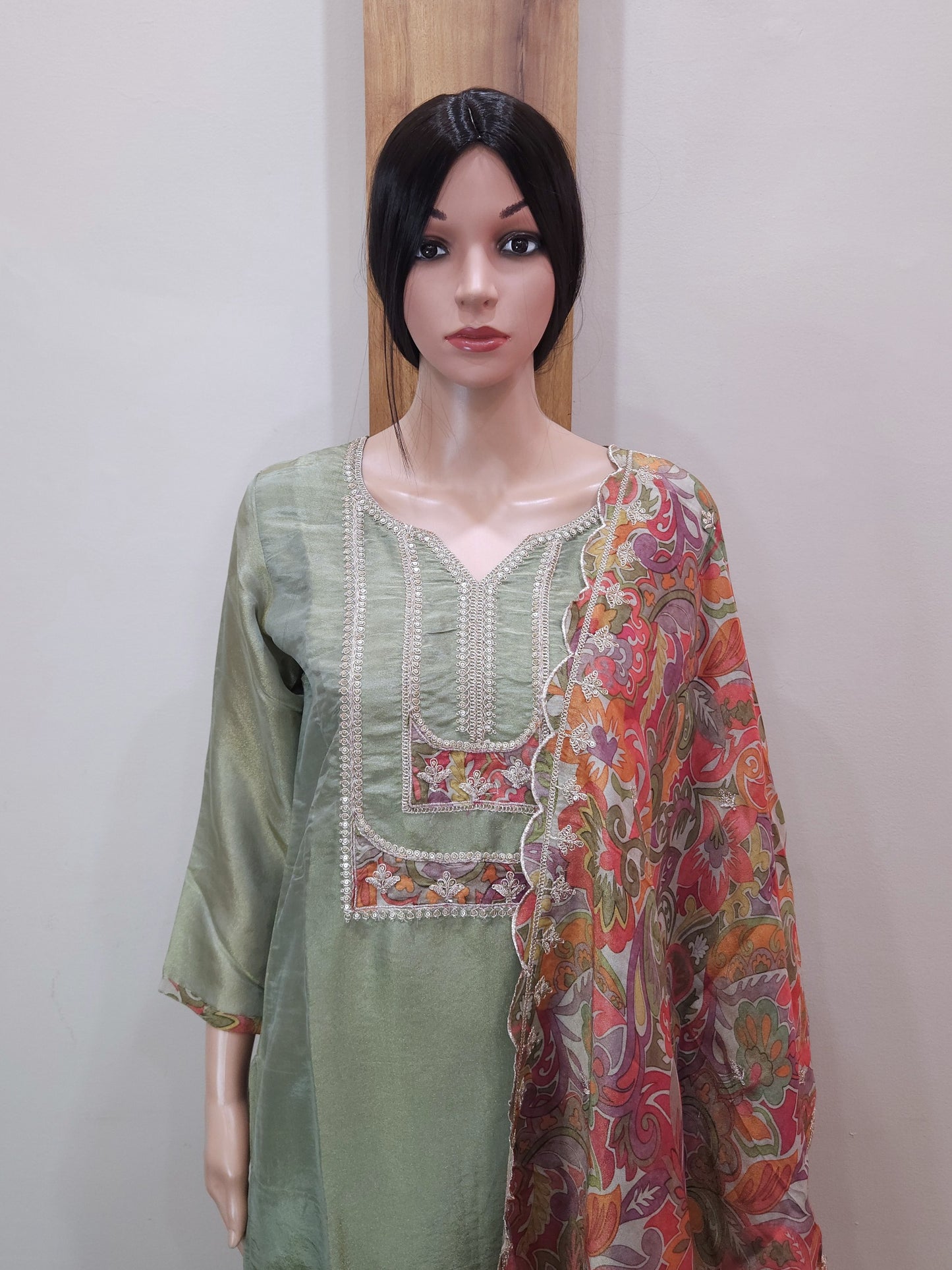 Green Shimmer Silk Kurta with Pant and Dupatta