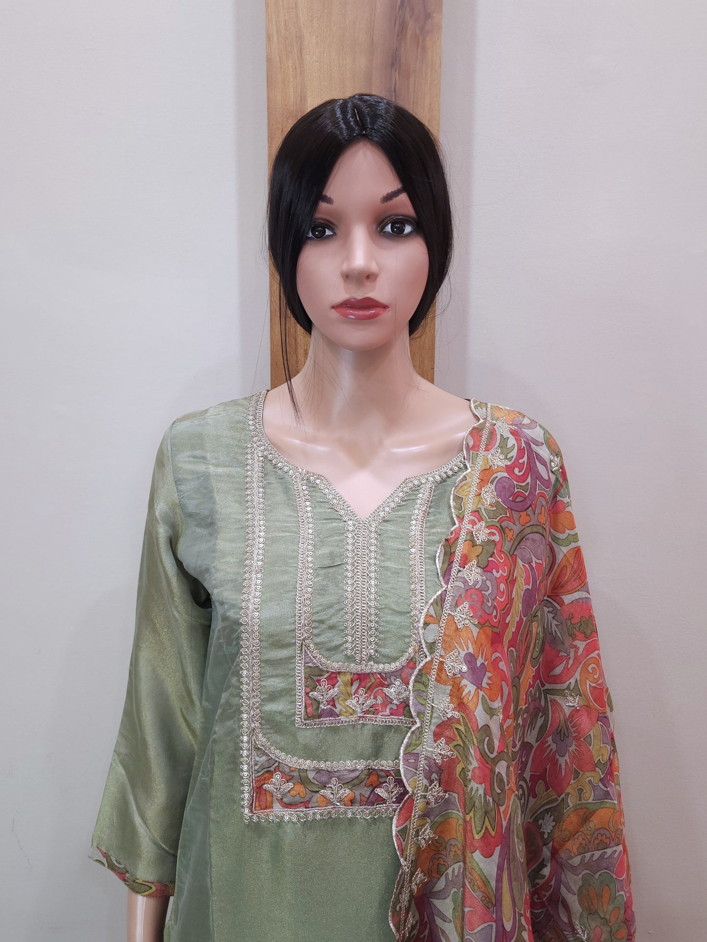Green Shimmer Silk Kurta with Pant and Dupatta