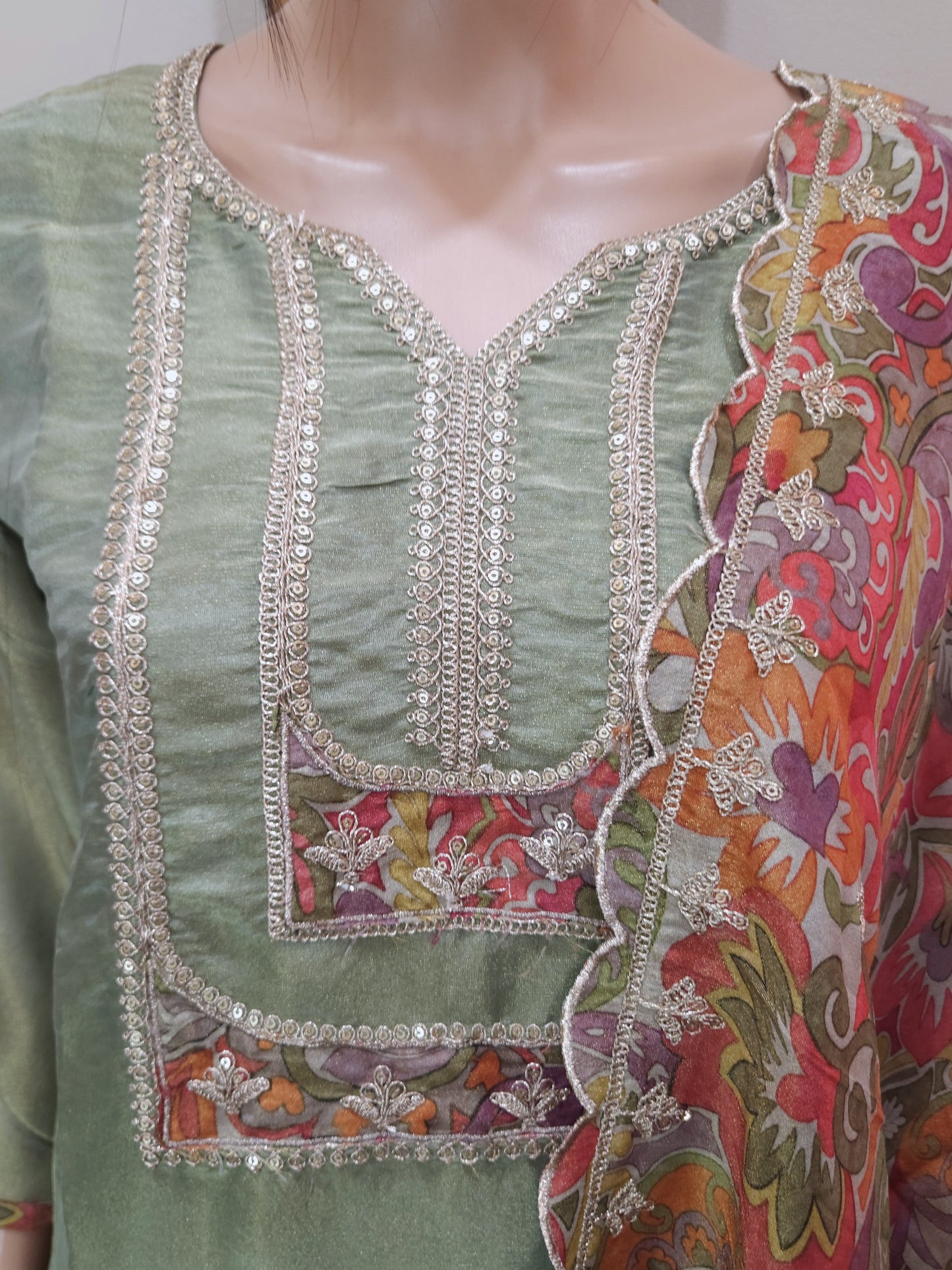 Green Shimmer Silk Kurta with Pant and Dupatta