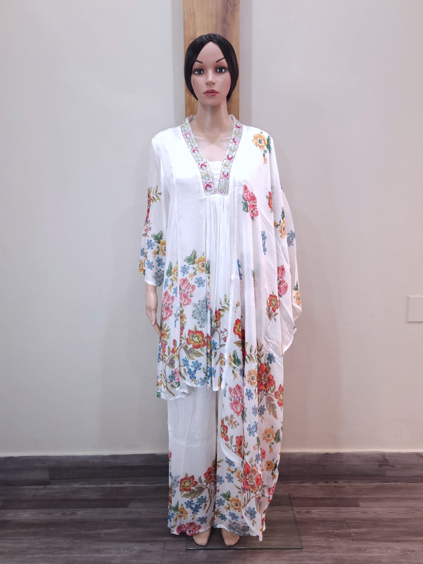 White Crepe Stylish Short Kurta Partywear with Palazzo and Dupatta
