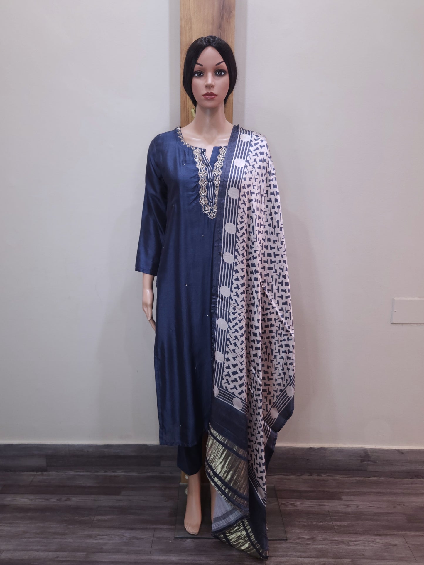 Blue Dola Silk Premium Handwork Kurta with Pant and Russian Silk Dupatta