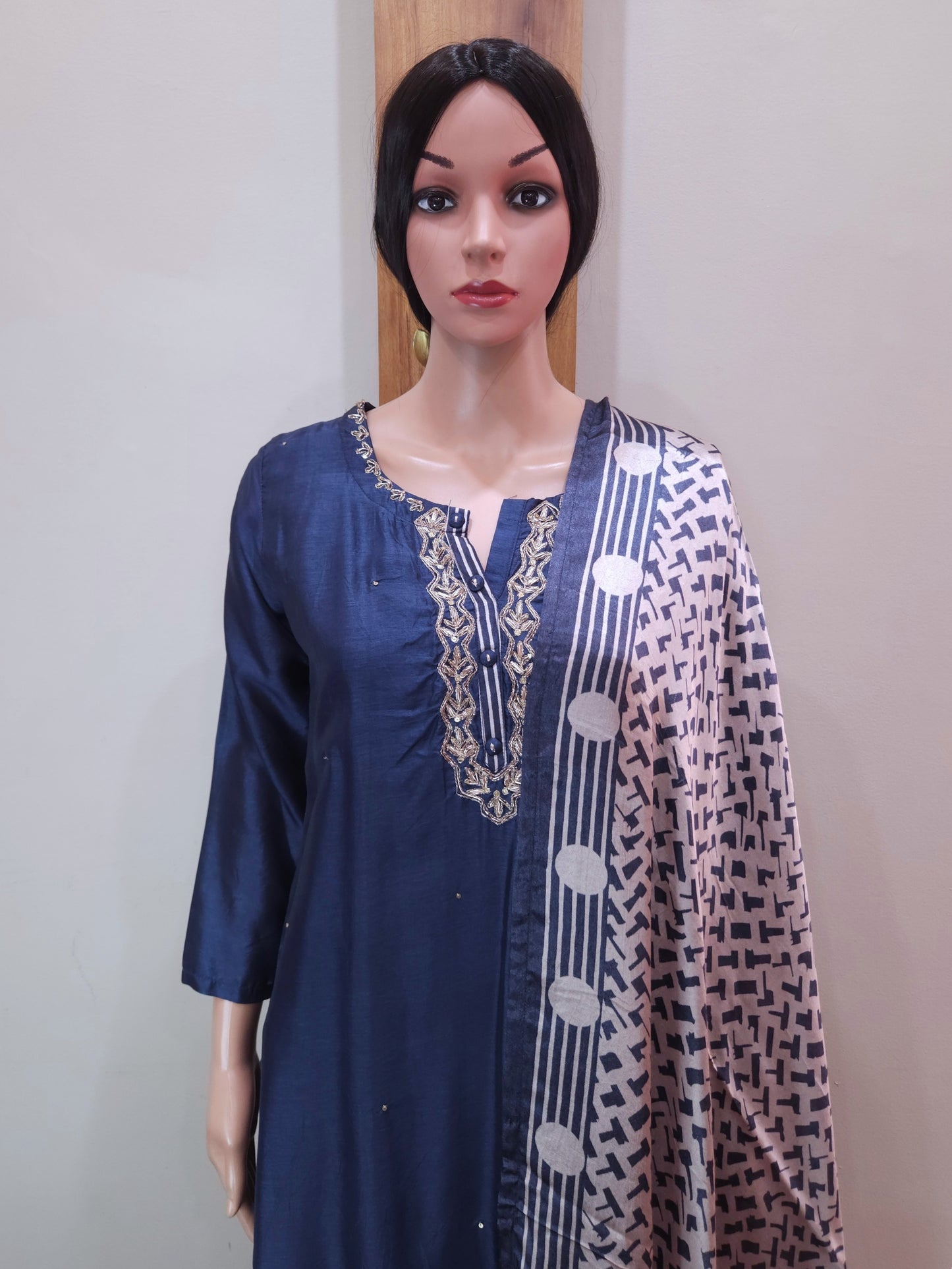 Blue Dola Silk Premium Handwork Kurta with Pant and Russian Silk Dupatta