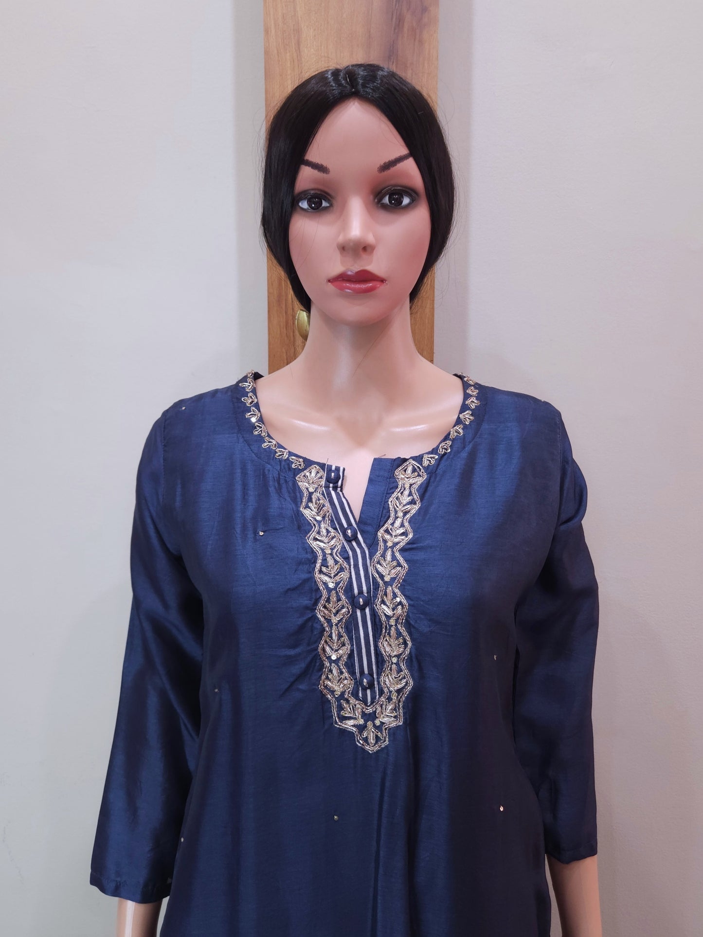 Blue Dola Silk Premium Handwork Kurta with Pant and Russian Silk Dupatta