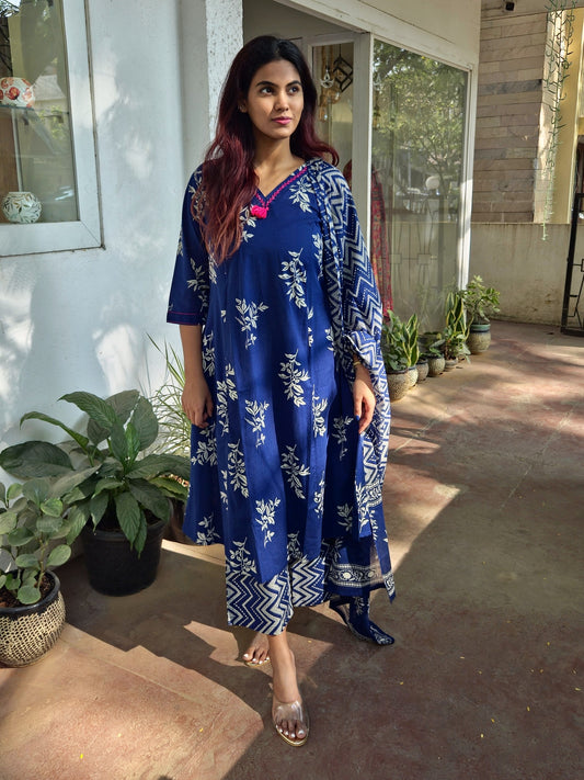 Navy Blue Cotton Dupatta Set