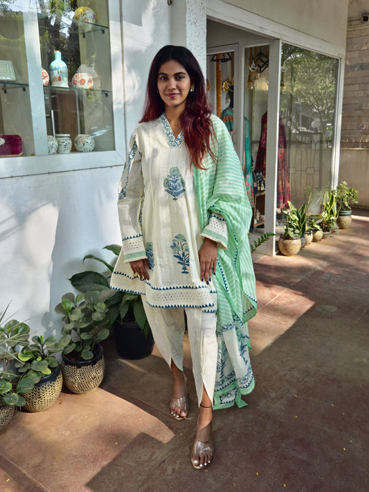 White Cotton Short Kurta Dupatta Set