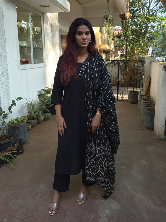 Black Cotton Dupatta Set