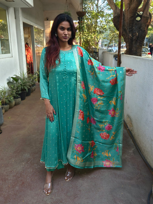 Green Silk Party Wear Dupatta Set