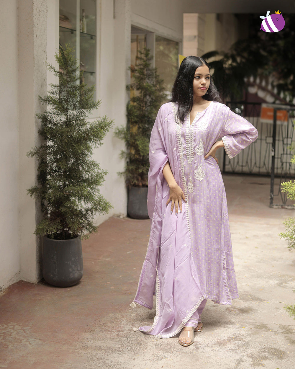 Lavender Dola Silk Handwork Premium Kurta with Pant and Dupatta with Embroidery