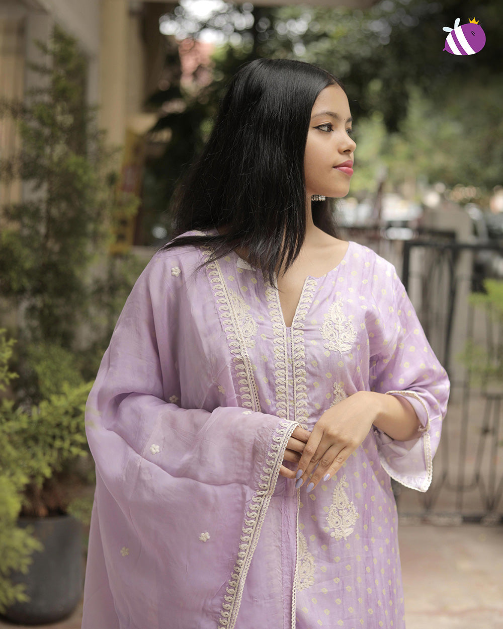 Lavender Dola Silk Handwork Premium Kurta with Pant and Dupatta with Embroidery