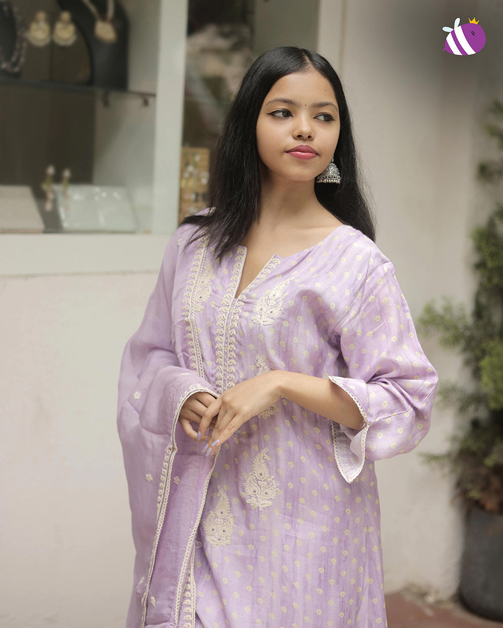 Lavender Dola Silk Handwork Premium Kurta with Pant and Dupatta with Embroidery