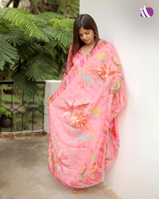 Pink Striped Dola Silk Handwork Kurta with Pant and Dupatta