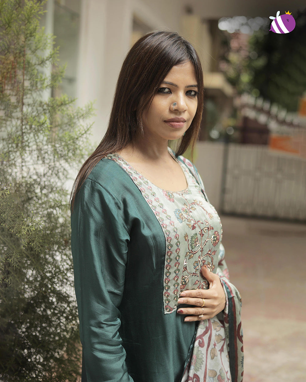 Green Dola Silk Kurta with Pant and Russian Silk Kalamkari Dupatta
