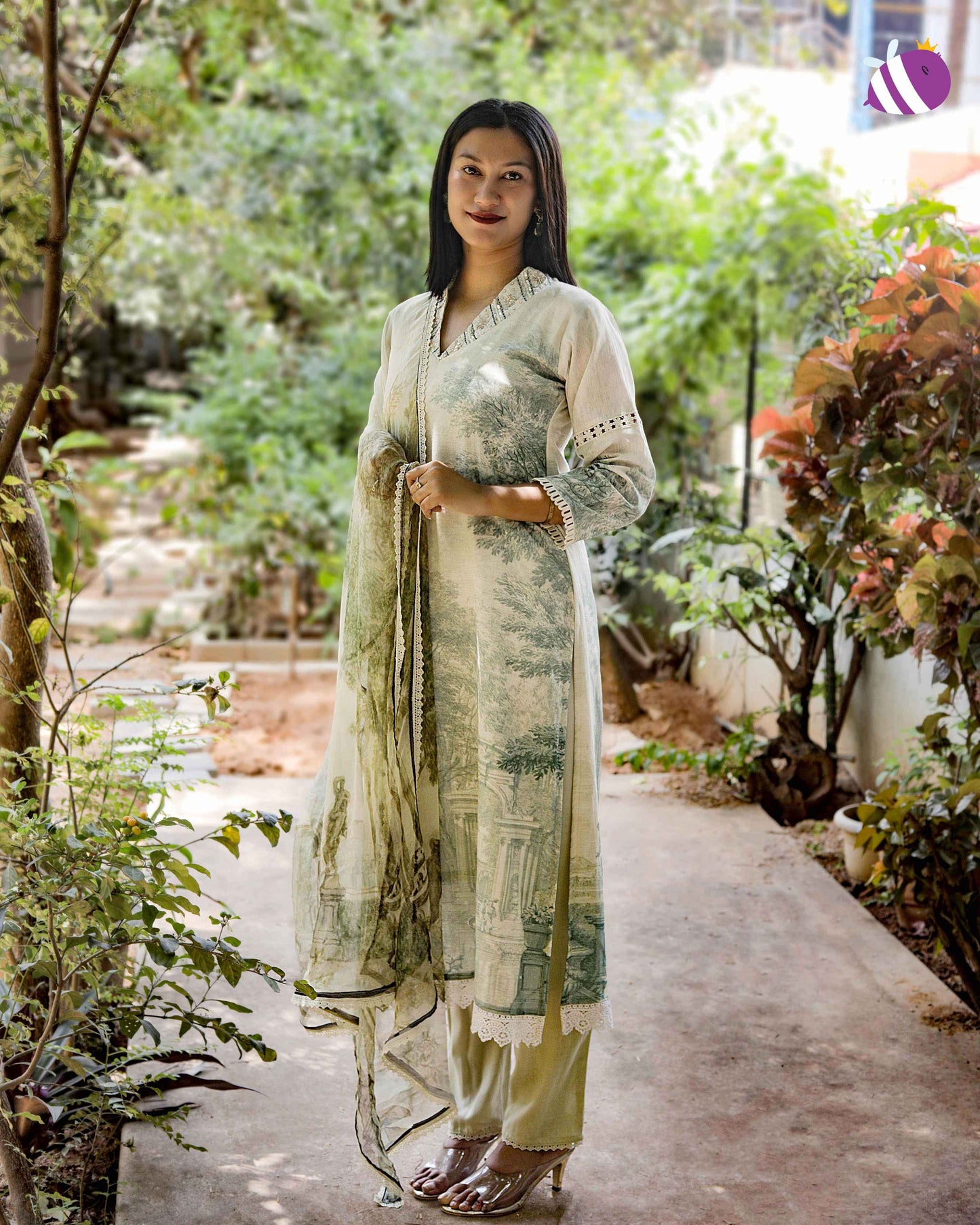 Cream Green Stylish V Neck Kurta with Pant and Dupatta