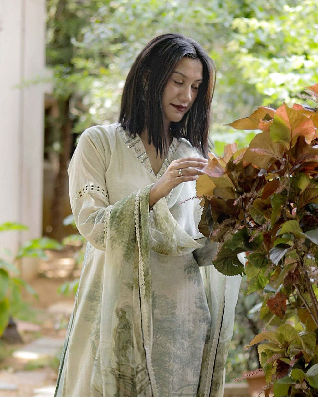 Cream Green Stylish V Neck Kurta with Pant and Dupatta